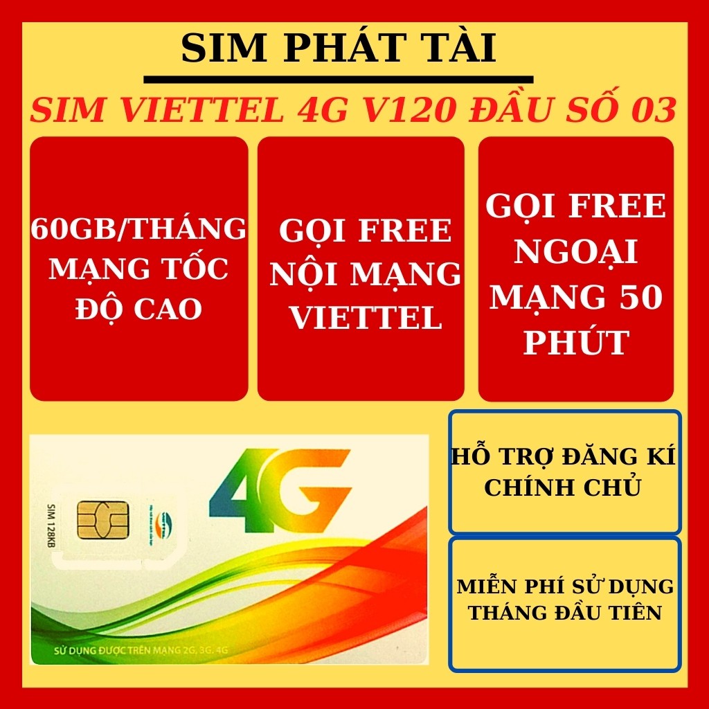 SIM 4G VIETTEL V120 DATA 60GB - MIỄN PHÍ THÁNG ĐẦU- Sim Gọi Điện Nội Mạng Miễn Phí - Miễn Phí 50 phút gọi nội mạng