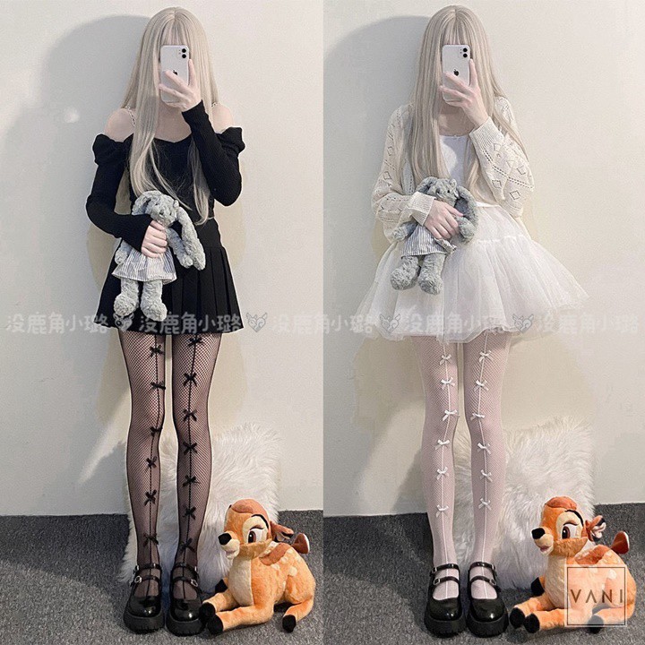 Quần Tất Vớ Mắt Lưới Họa Tiết Đính Nơ Phong Cách Lolita - Vani Store [TAT00122]