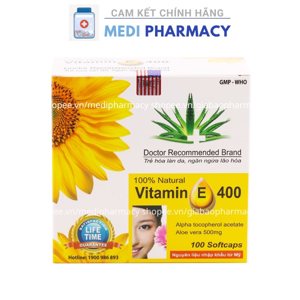 Viên uống đẹp Vitamin E 400 iu hỗ trợ làm trắng sáng da mặt, chống lão hóa (Hộp/ 100 viên)