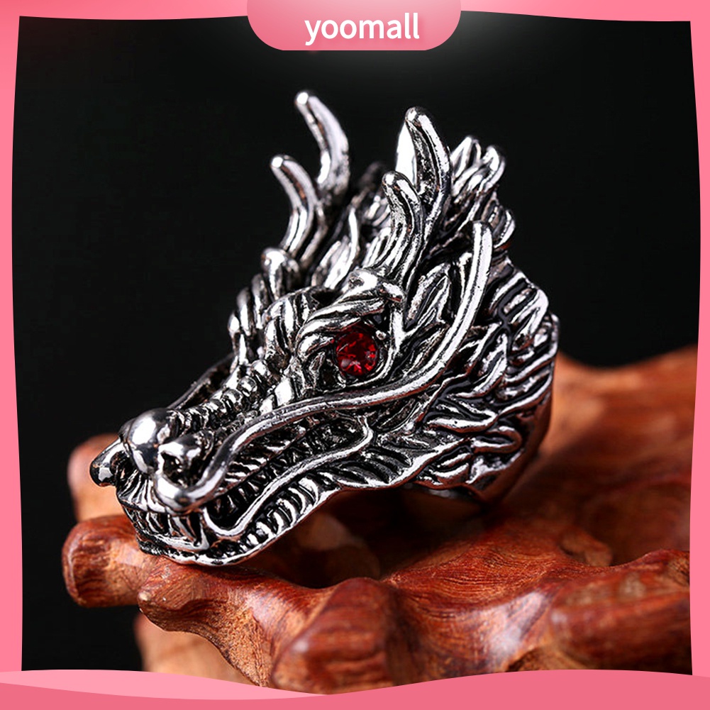 Yomall♡ Nhẫn Nam Chạm Khắc Hình Đầu Rồng Đính Đá Zircon Phong Cách Punk