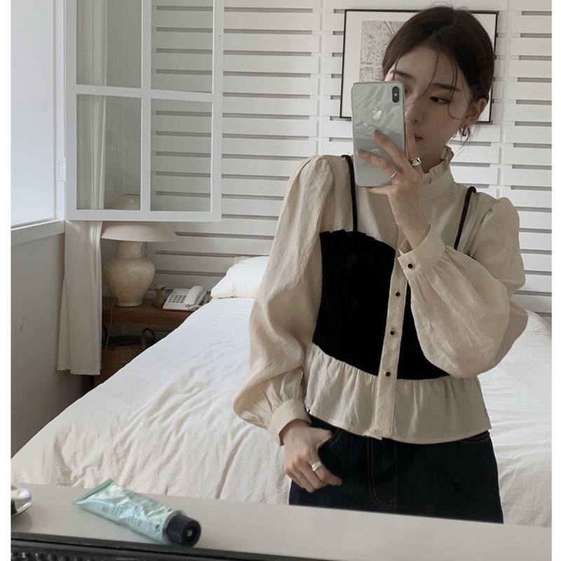 Áo Sơ Mi Tay Phồng Ngắn Cổ Đứng Hai Dây Thời Trang Mùa Xuân Kiểu Retro