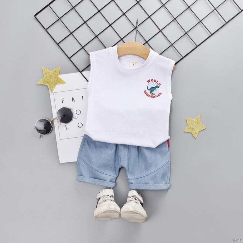 Set áo thun ba lỗ in hình khủng long + quần short jeans đáng yêu cho bé trai