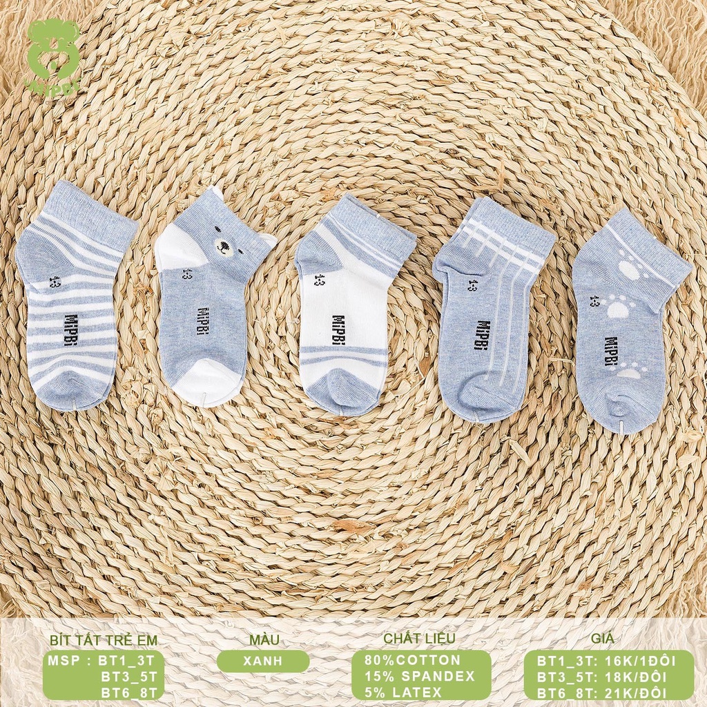 Bít tất dành cho trẻ em Mipbi 3 size cho bé 1-8 tuổi chất liệu cao cấp kháng khuẩn, không xù, mềm mịn