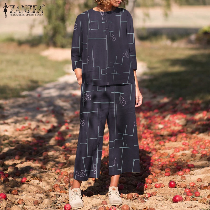 Áo ZANZEA tay 3/4 in hình và Quần dài thời trang Châu Âu cho phái nữ