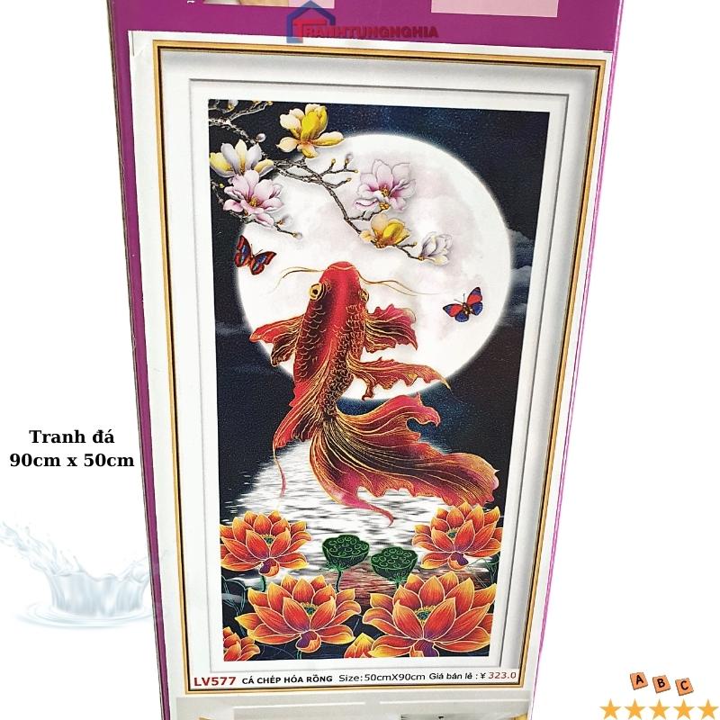 Tranh đính đá, tranh thêu chữ thập cá chép hóa rồng