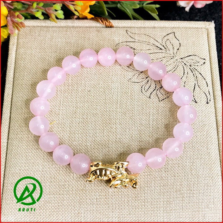 Vòng Tay Phong Thủy Thổ - Vòng Tay Mã Não Hồng 8mm Mix Long Quy Vàng Độc Lạ V379-8