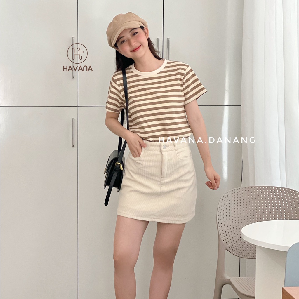 Áo thun nữ ngắn tay cổ tròn kẻ sọc, áo dệt kim co giãn phong cách Hàn Quốc AE213