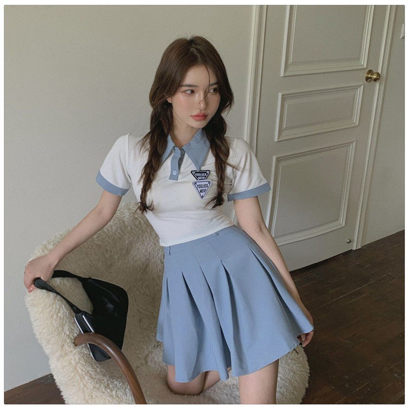 Set Áo Thun Cổ Polo Ngắn Tay + Chân Váy Xếp Ly Lưng Cao Thời Trang Mùa Hè Cho Nữ