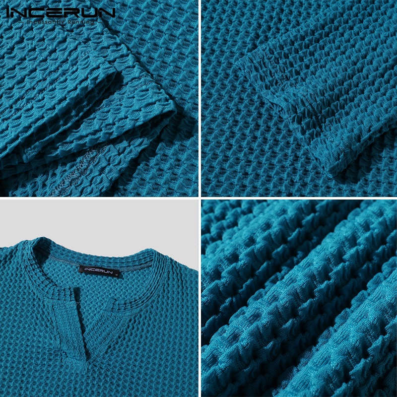 Áo thun nam INCERUN tay dài cổ v màu trơn dáng rộng thoải mái