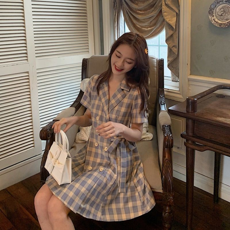 Đầm Tay Ngắn Cổ Vest Dáng Ôm Kẻ Sọc Ca Rô Thiết Kế Mới Xinh Xắn Cho Nữ