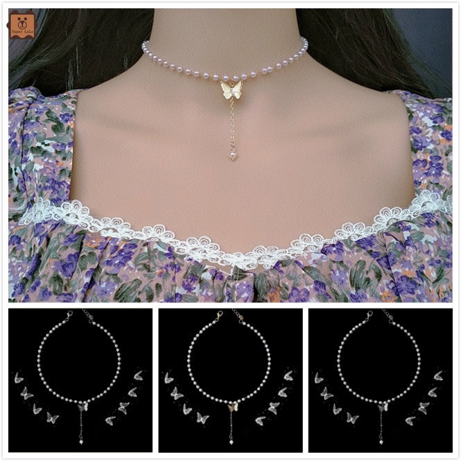 Dây chuyền ngọc trai mặt bướm vàng bạc phong cách cổ điển Pháp