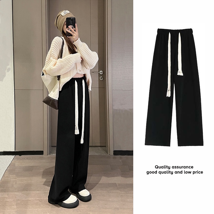 quần ống rộng Dài Ống Rộng Lưng Cao Phối Dây Rút Phong Cách Thời Trang Hàn Quốc Cho Nữ Size S-2XL