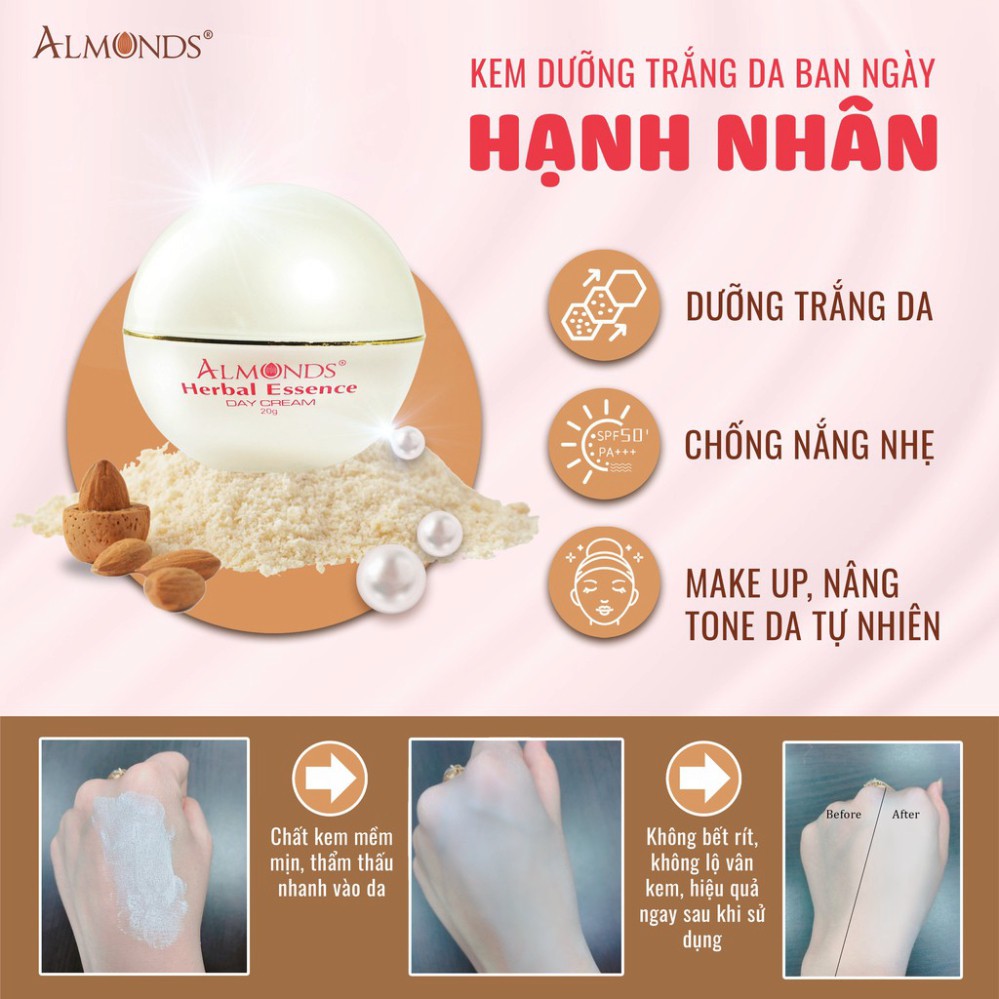 Kem Dưỡng Trắng Da Ban Ngày Hạnh Nhân Nâng Tone, Make up tự nhiên ALMONDS