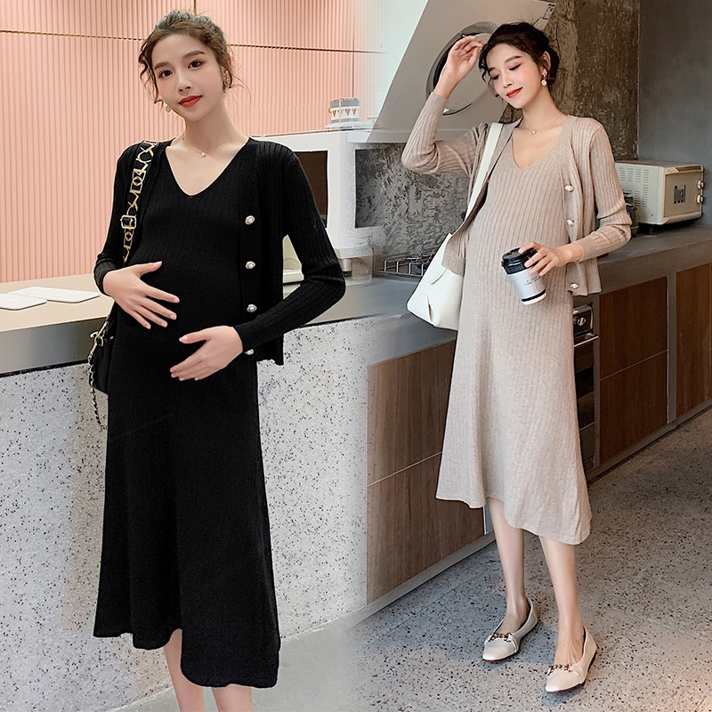 Đầm bầu len Thu Đông dáng dài Cao Cấp kèm áo cardigan nhẹ nhàng sang chảnh freesize
