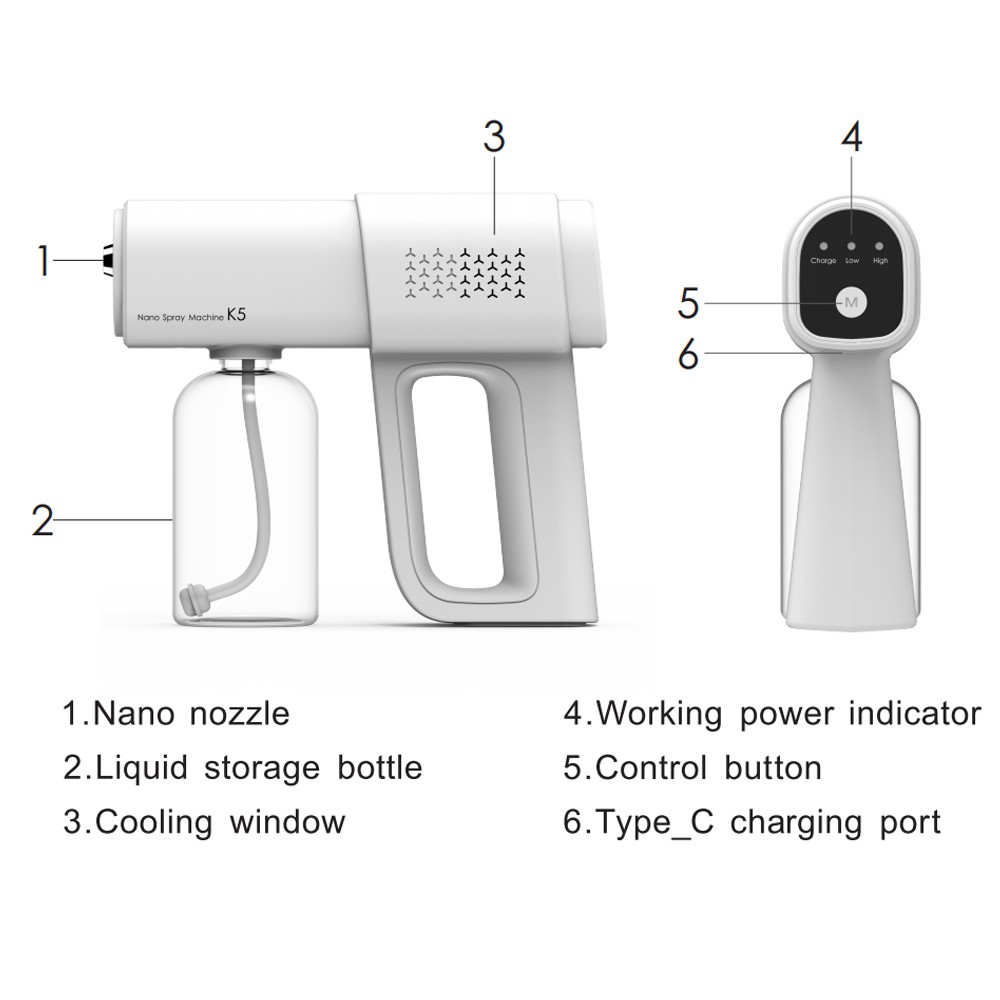 Súng Phun Khử Trùng Nano K5 Không Dây Sạc Usb Tiện Lợi Cho Gia Đình