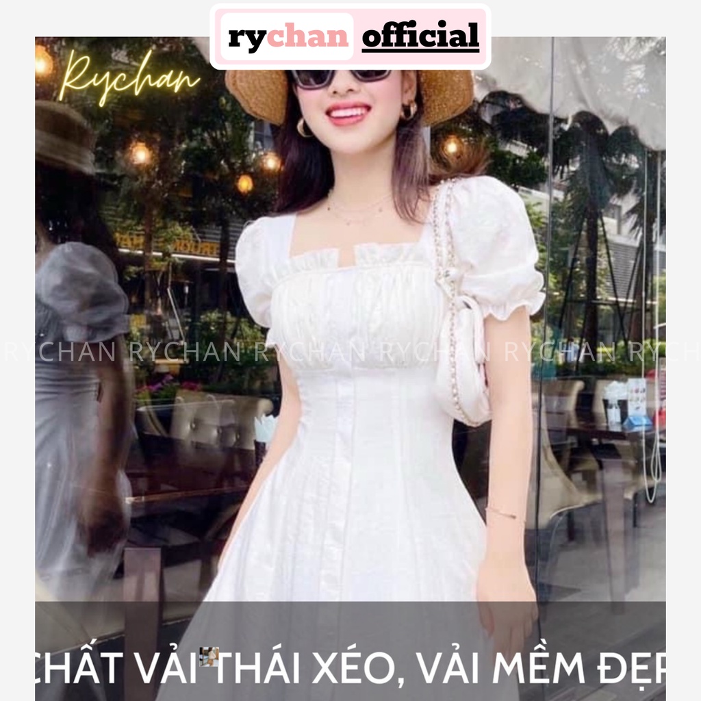 Đầm Xoè Trắng Cổ Vuông Xếp Ngực Tay Bo Phồng - DX0125