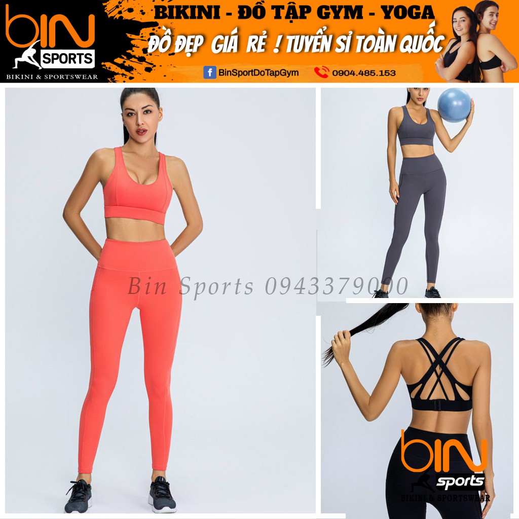 Bộ đồ tập gym yoga nữ áo bra quần dài kèm mút cao cấp hàng nhập Bin Sport BD112
