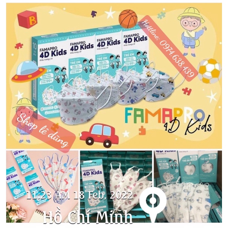 Khẩu trang 4d kids thương hiệu famapro, chính hãng công ty NAM ANH, dành cho bé từ 3-10tuổi