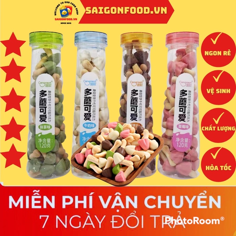 [HOT] Bánh Nấm Phủ Socola Mix 4 Vị [Dâu_Sữa_Socola_Trà Xanh] Chai 120gr Giòn Tan Thơm Béo Siêu Ngon | ăn vặt SAIGONFOOD