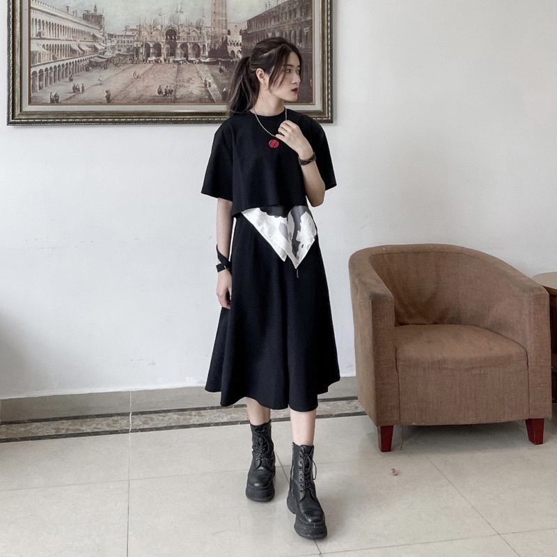 Áo croptop nữ Zune.zx đen thêu hình tay lỡ, Kami croptop