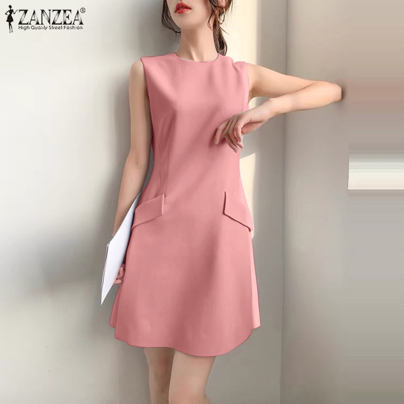 Đầm mini ZANZEA không tay cổ tròn có túi trước thời trang cho nữ
