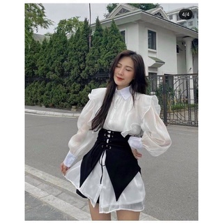 ĐẦM SƠ MI VOAN CỔ BÈO ĐAN DÂY EO 2M