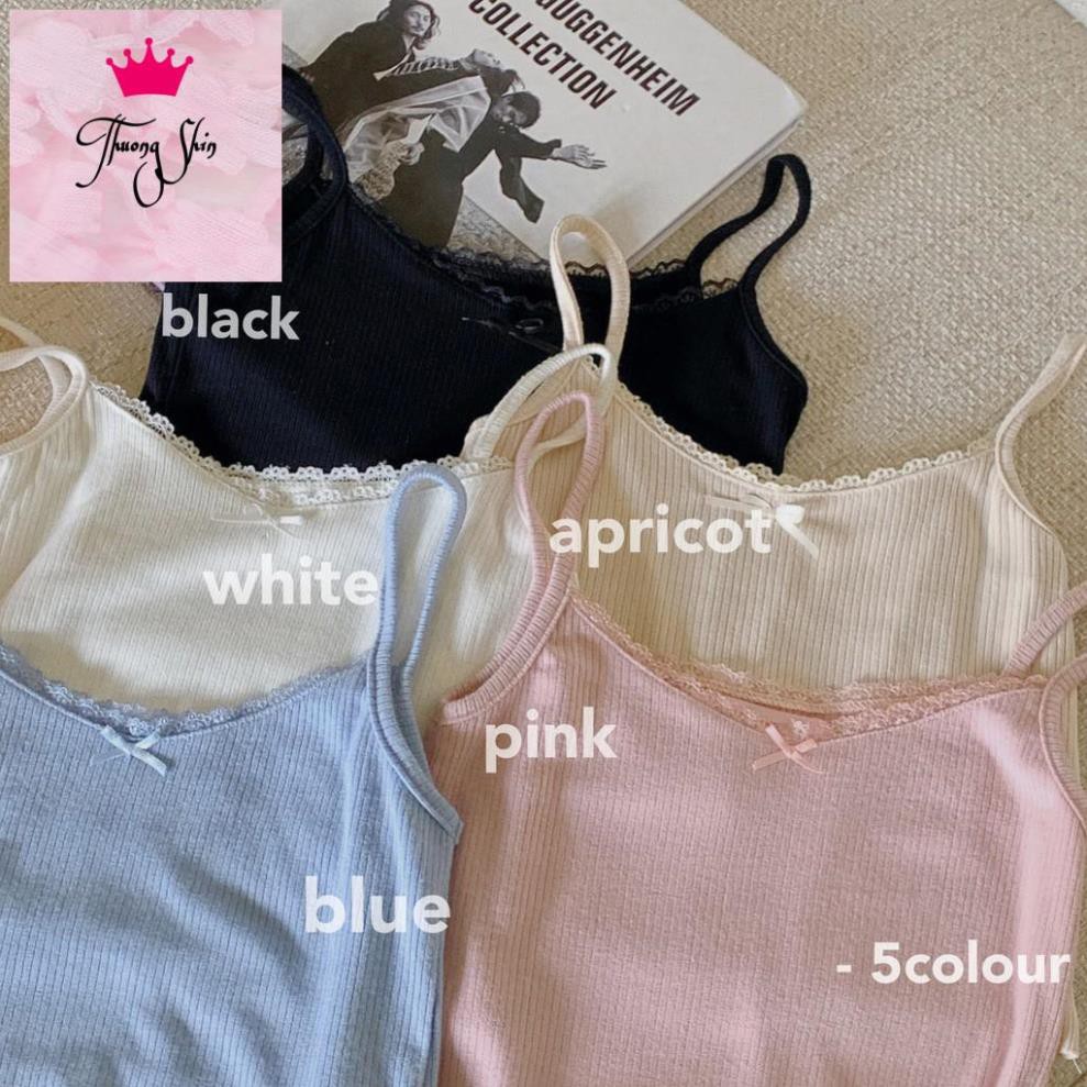 (ORDER- sẵn Hồng) Áo hai dây thun tăm cổ tròn viền ren đính nơ style ngọt ngào đáng yêu gợi cảm