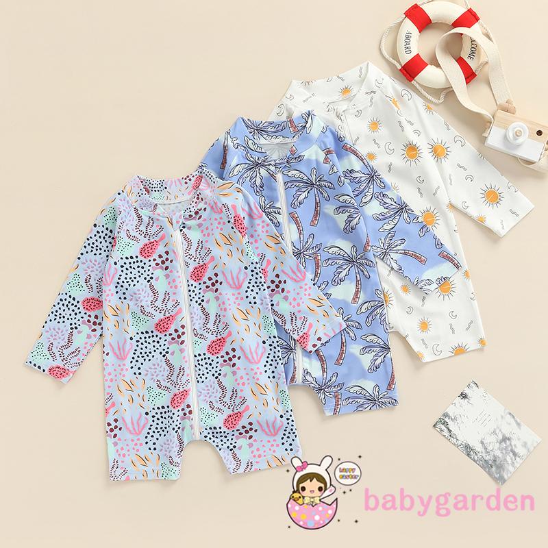 BABYGARDEN- Đồ bơi liền thân tay dài khóa kéo họa tiết cây dừa mặt trăng mặt trời san hô cho bé trai bé gái