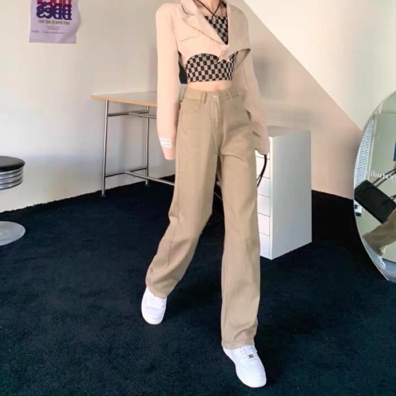 Quần jeans ống suông nâu sữa cạp cao siêu hack chân siêu tôn dáng | BigBuy360 - bigbuy360.vn