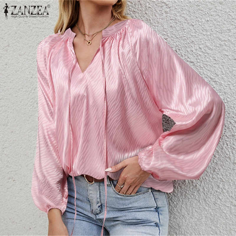 Áo kiểu ZANZEA tay phồng cổ chữ V dáng rộng họa tiết màu trơn thời trang cho nữ