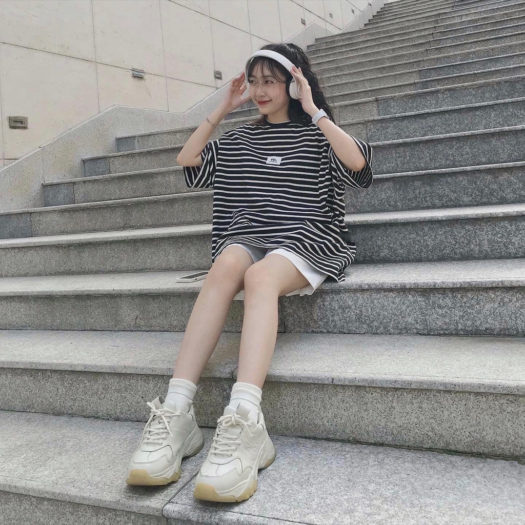 Áo Thun Nữ From Rộng BASEUS Kẻ Sọc Dễ Thương Áo Phông Nữ Tay Ngắn Chất Vải Thô Hàn Thấm Hút Mồ Hôi Mặc Siêu Tôn Da 10112