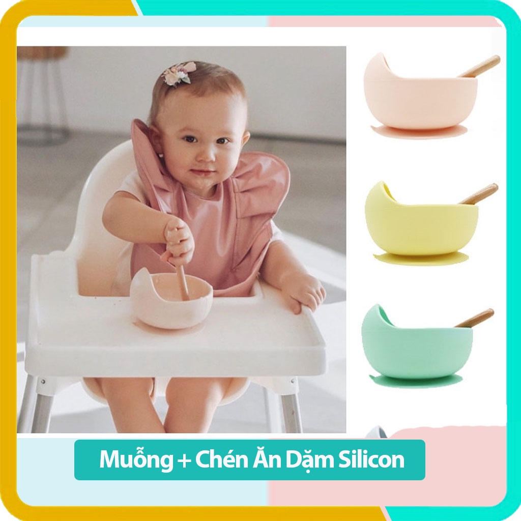 Chén Ăn Dặm Silicon Kèm Thìa Tay Cầm Gỗ - Đế Hít Chống Đỗ- Chất Liệu An Toàn Cho Bé- Ăn Dặm Chỉ Huy Kiểu Nhật