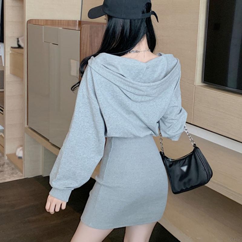 Đầm Hoodie Dài Tay Trơn Màu Xinh Xắn Theo Phong Cách Hàn Quốc