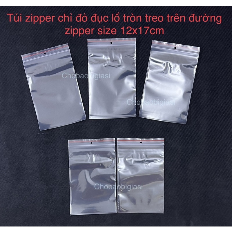 {1kg/size} Túi zipper chỉ đỏ 12x17cm đục lổ tròn treo (sp y hình)