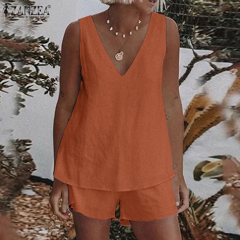 Bộ đồ nữ ZANZEA với áo blouse không tay cổ V và quần short co giãn màu trơn thời trang