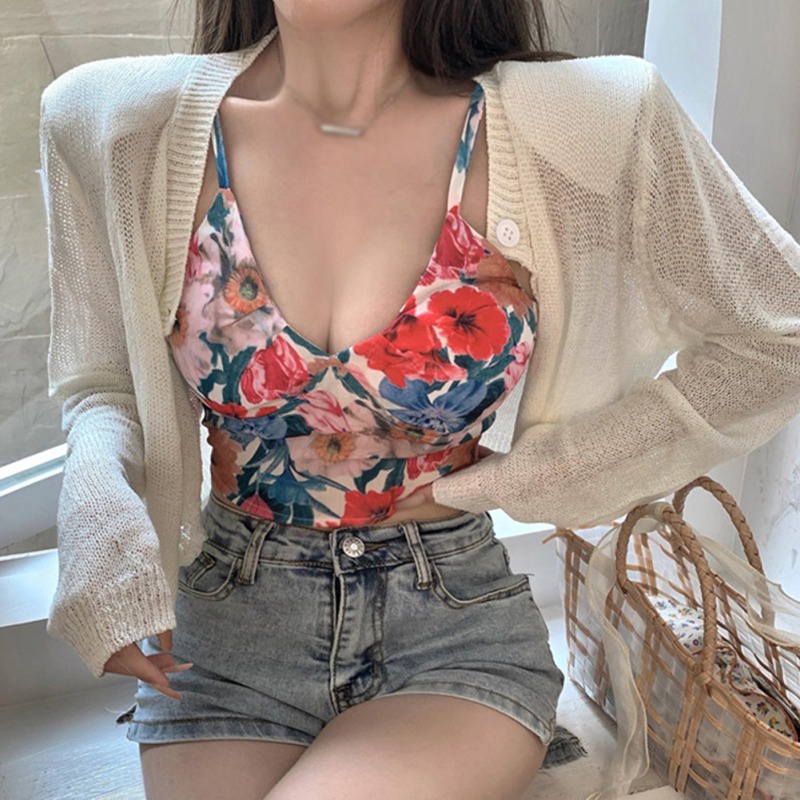 Áo Hai Dây Cổ Chữ V In Họa Tiết Hoa Phong Cách Hàn Quốc Thời Trang Cho Nữ