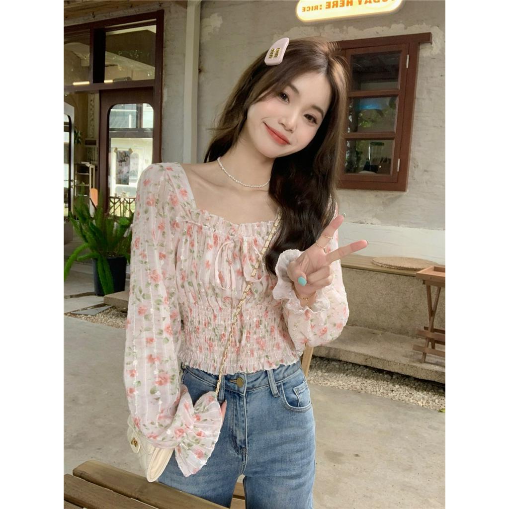 Áo Hoa Cổ Vuông Dáng Rộng Dài Tay Phong Cách Hàn Quốc Sành Điệu 62024