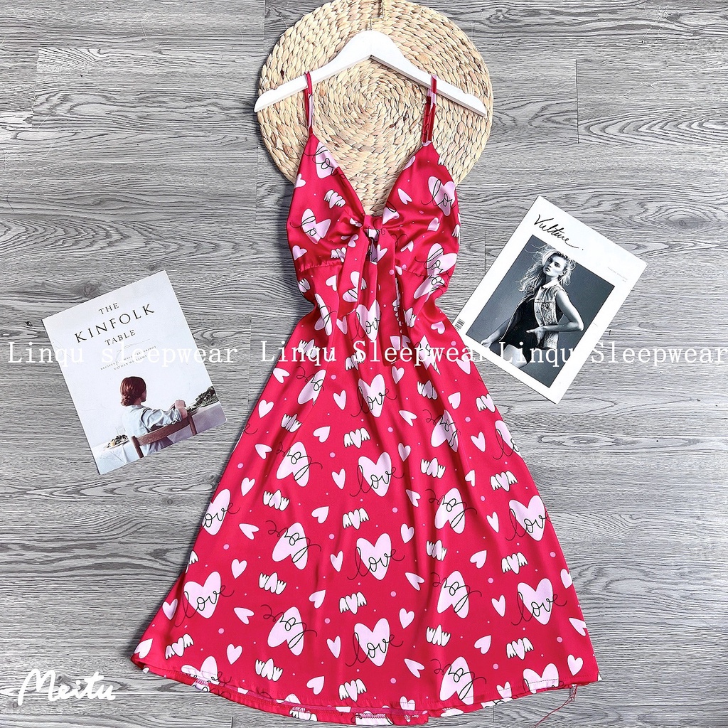 Váy ngủ sexy 2 dây gợi cảm chất latin mềm mát, váy 2 dây có tăng đơ may nơ ngực dễ thương Freesize - Linqu Store.