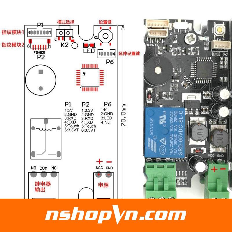 Module giải mã và điều khiển cảm biến vân tay K215 V1.2 có 2 chế độ là tạo trễ và bật tắt thiết bị