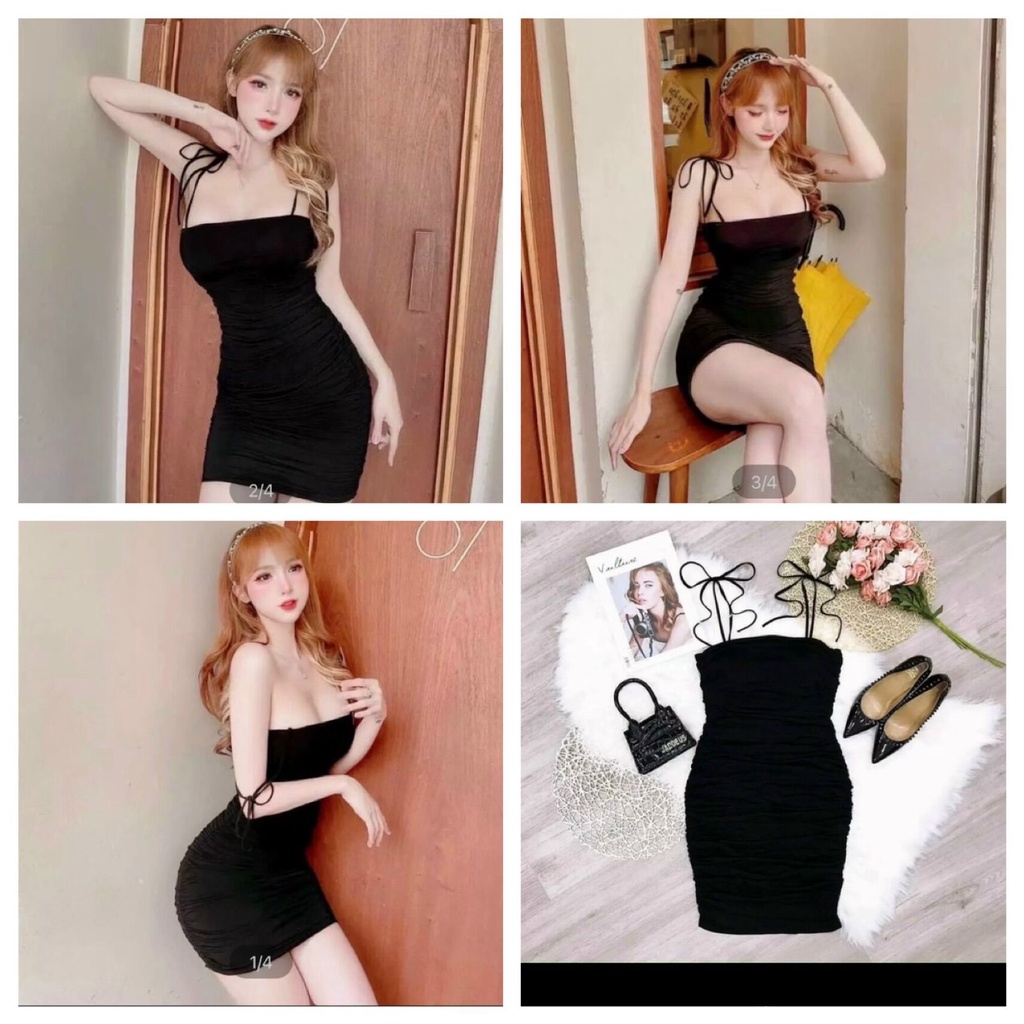 ĐẦM KIỂU 2 DÂY CỘT NƠ VAI, chất vải thun thái xịn sò, có nhúm eo mặc xinh lắm, phom từ 38-55 ký vừa RE dep