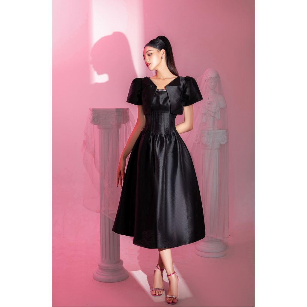 Đầm xòe dự tiệc LOLEM SV234 hai dây cổ vuông vải tafta bền không nhăn