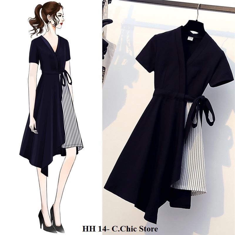 Váy thiết kế kiểu công sở trẻ trung, thắt nơ eo, dáng xoè. Đen phối trắng HH14 .
