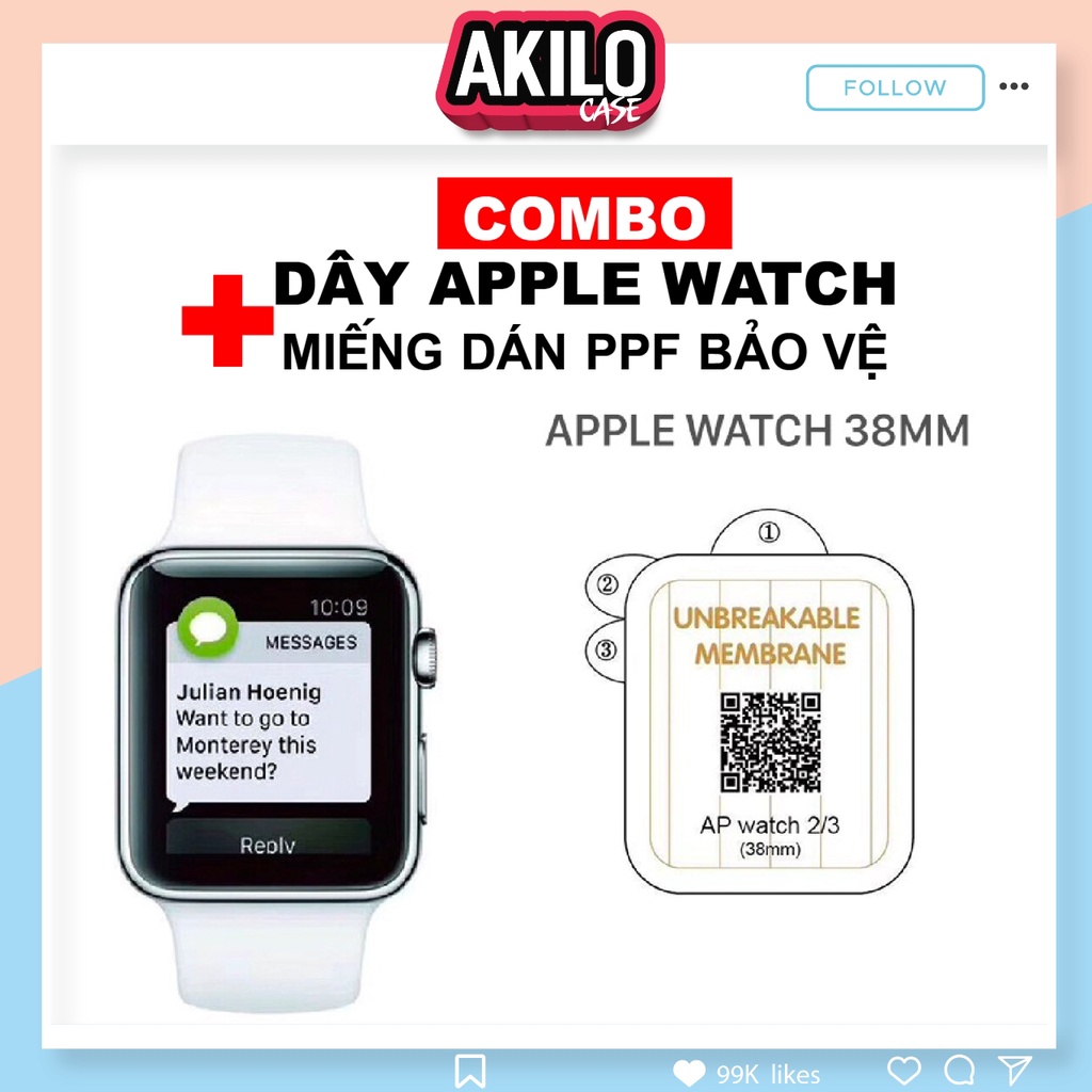 Dây Apple watch miếng dán PPF apple watch đồng hồ thông minh cao su cao cấp thời trang Series 1/2/3/4/5/6/SE AkiloCase