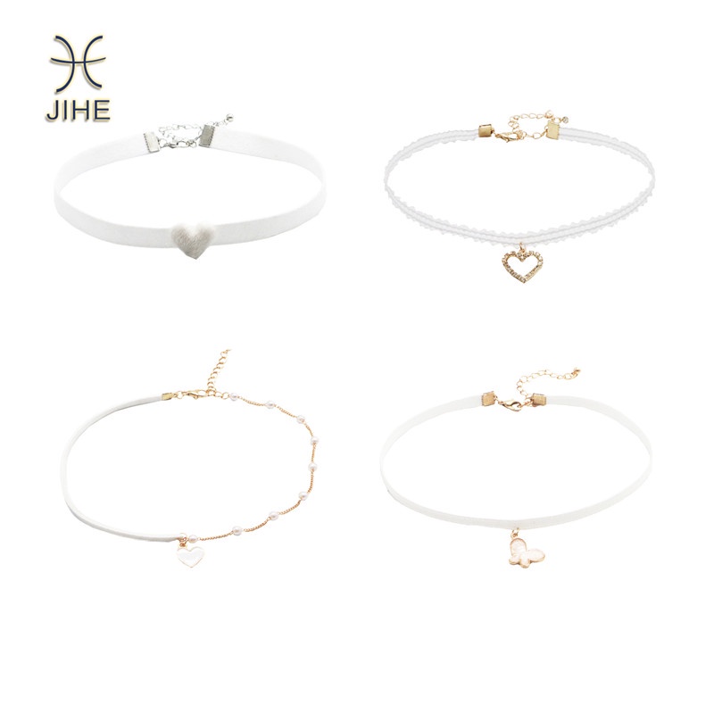 【JIHE】Vòng Cổ Choker Màu Trắng Phối Ren Phong Cách Nhật Hàn Thời Trang