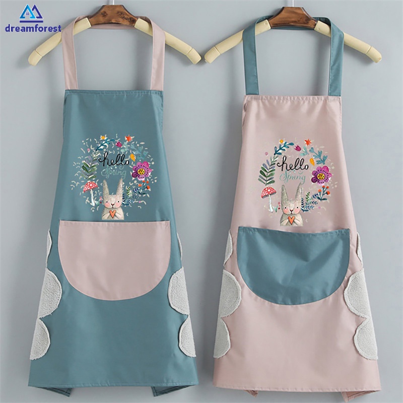 [HOME] DF Cute Waterproof Kitchen Apron Cartoon Oil-Proof Wreath Rabbit Chef Apron With Big Pocket Women Baking BBQ Apron