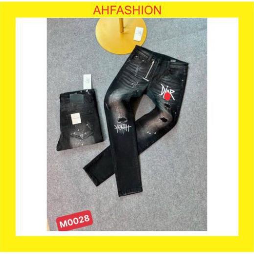 Quần jean nam cao cấp chất bò rách gối thêu logo khóa lệch co giãn mẫu mới nhất AHFASHION 🌸