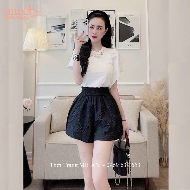 Quần xốp phồng nữ dập hoa in vân nổi cạp chun lưng cao dáng quần đùi nữ ống rộng đi biển hẹn hò dạo phố ở nhà cá tính
