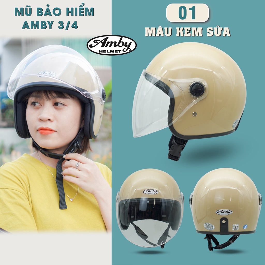 Mũ Bảo Hiểm 3/4 đầu Amby Helmet có kính dài che cả mặt, kiểu dáng thời trang cho nam và nữ - Nhiều màu