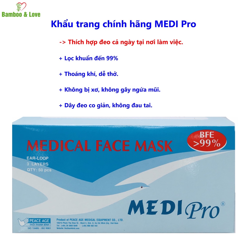 Khẩu trang y tế cao cấp Medi Pro 3 lớp - chính hãng cty Thời Thanh Bình (gói lẻ 5 cái, 10 cái)