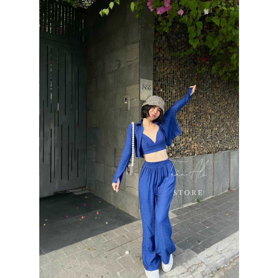Set 3 Món Đũi Quần Suông Phối Áo 2 Dây Ngắn Kèm Áo Sơ Mi Kiểu Croptop Tay Dài